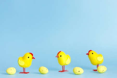 Beautiful blue easter background with chicks. Spring nature backdrop. Festive decorations. Cartoon...