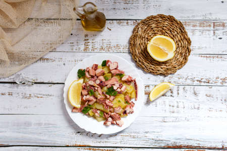 Octopus and potato salad, traditional mediterranean food