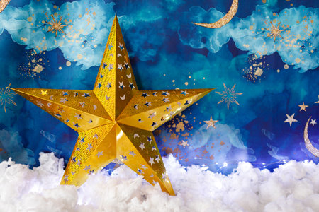 Christmas background with moon and stars. Defocused, bokeh, abstract backdrop.
