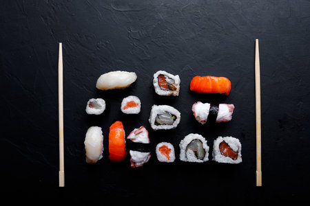 japanese sushi food. Maki ands rolls with tuna, salmon, shrimp, crab and avocado. Top view of...