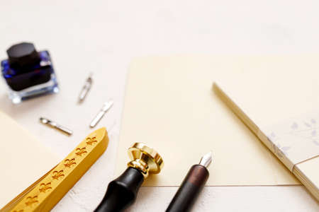 Calligraphy: Set of vingate fountain pens. Artistic equipment. Calligraphic accessoriesの写真素材