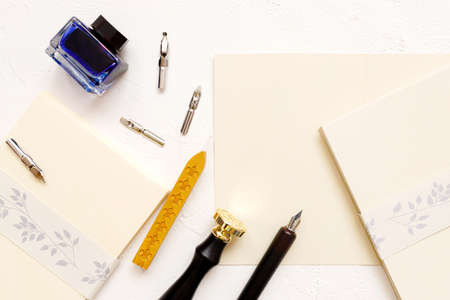 Calligraphy: Set of vingate fountain pens. Artistic equipment. Calligraphic accessoriesの写真素材