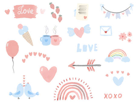 watercolor set for valentines day.の写真素材