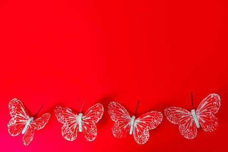 Valentine s day concept, red butterflies on red background. Greeting Cards. copy space.の写真素材