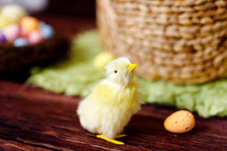 Easter background with yellow chicks and eggs. Easter holidays
