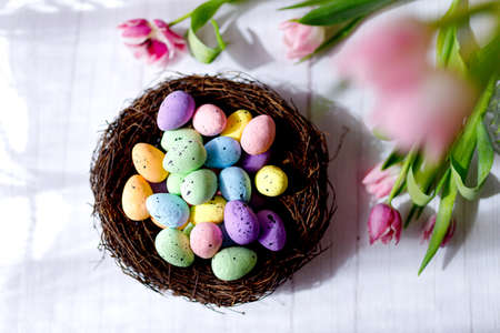 Spring easter eggs decoration. Colorful easter eggs.の写真素材