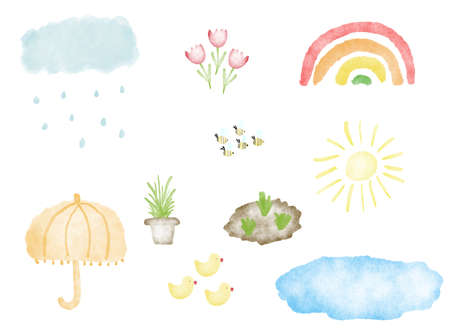 Color illustration with spring weather items. Watercolor illustrations for the design of stationery, textiles, postcardsの写真素材