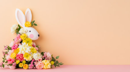 Cute Bunny Shaped Vase with Fresh Spring Flowers on Blue Wooden Table for Easter Decoration