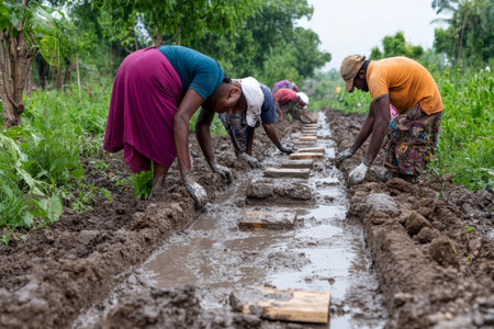 Women Construction Workers Manually Digging Soil in Rural Area for Infrastructure Developmentの素材