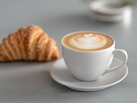 Fresh Croissant and Frothy Cappuccino in Ceramic Cup on Table with Morning Sunlightの写真素材