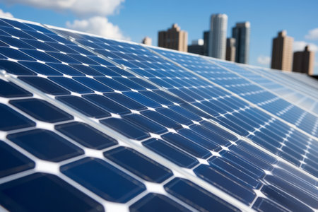 Solar Panels on Rooftop with City Skyline in Background Promoting Clean Urban Energy