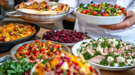 Chef Serving Colorful Mediterranean Cuisine with Grilled Vegetables, Meat, and Fresh Ingredientsの素材