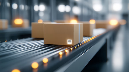 Cardboard Shipping Boxes Moving on Conveyor Belt in Automated Modern Packaging Facility