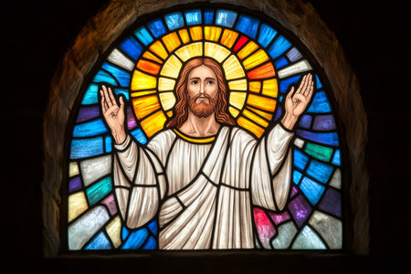 Stained Glass Window Depicting Jesus Christ with Radiant Light in Traditional Church Settingの写真素材