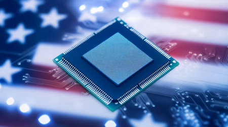 Microchip with American Flag Background Representing US Semiconductor Technology and Innovationの素材