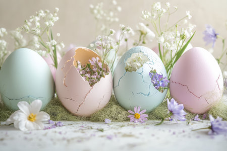 Colorful Cracked Easter Eggs with Spring Flowers in Bloom for Festive Holiday Decoration