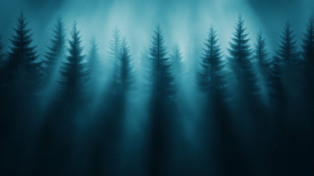 Mystical Light Rays Shining Through Foggy Pine Forest in Dreamy Atmospheric Landscape.の写真素材