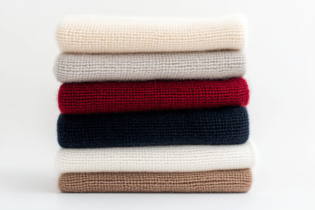 Folded Knitted Wool Sweaters in Soft Blue and Neutral Tones on Minimal Light Backgroundの素材