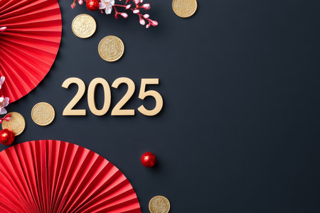Chinese New Year 2025 Celebration Flat Lay with Gold Coins, Cherry Blossoms, and Red Fanの素材