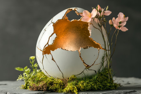 Creative Hanging Eggshell Lamps with Glowing Bulbs and Spring Flowers in Soft Ambient Lightingの素材