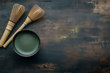 Ceremonial Grade Matcha Green Tea Powder in Wooden Bowl with Bamboo Whisk and Scoopの素材