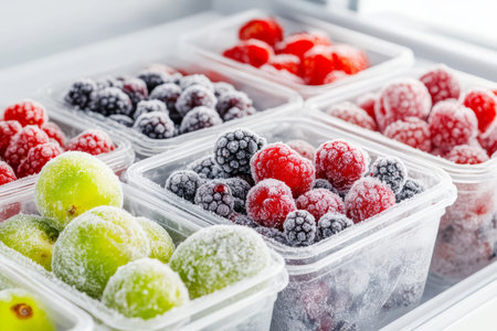 Assorted Frozen Berries in Plastic Containers for Healthy Snacking and Smoothie Preparationの写真素材