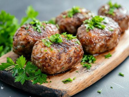 Juicy Homemade Grilled Meatballs Garnished with Fresh Herbs on Rustic Wooden Board Closeupの写真素材