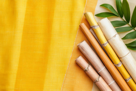 Sugarcane and Turmeric Stalks on Traditional South Indian Textile Background.の写真素材