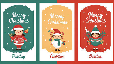 Merry Christmas and Happy New Year greeting cards set with cute cartoon characters. Vector illustration.のイラスト素材