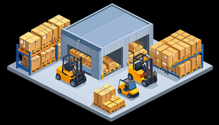 An isometric illustration depicting a busy warehouse scene with forklifts moving and stacking pallets loaded with cardboard boxes, showcasing logistics and storage operations.のイラスト素材