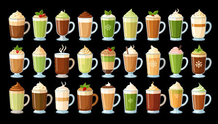A vibrant collection of various coffee and tea drinks, including lattes, cappuccinos, and iced beverages, served in an assortment of mugs and glasses, each with unique toppings and garnishes, set against a dark background.のイラスト素材