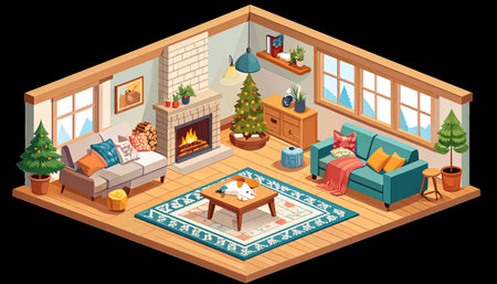 An inviting isometric view of a living room, beautifully adorned for the Christmas season, featuring a warm fireplace, comfortable sofas, and a decorated Christmas tree, creating a festive and cozy atmosphere.のイラスト素材