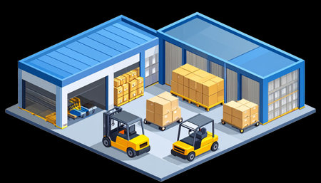 An isometric illustration showcasing a warehouse facility with two buildings, forklifts, and numerous cardboard boxes, representing efficient storage and distribution.のイラスト素材