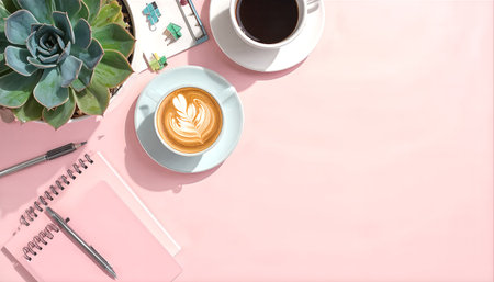 Overhead shot of a modern workspace featuring a cappuccino, succulent plant, notebook, and pen on a clean pink background, creating a bright and inviting atmosphere.のイラスト素材