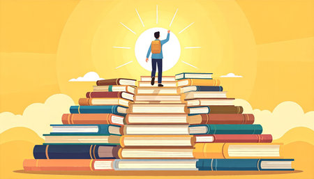 An illustration of a man climbing a staircase made of books, symbolizing education and the path to success, set against a bright, sunny background.のイラスト素材