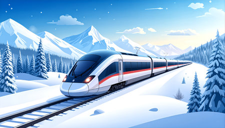 A sleek, modern high-speed train glides through a snow-covered winter landscape, with snow-laden trees and majestic mountains in the background, under a clear blue sky.のイラスト素材