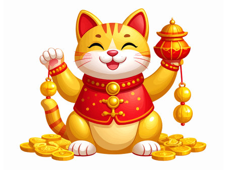 Cute cat in chinese costume and gold coins. Vector cartoon illustration.のイラスト素材