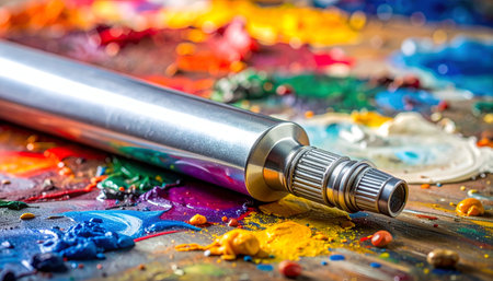 Paint tube and palette of colors on a wooden background close upの写真素材