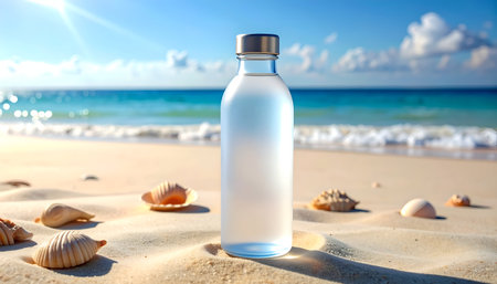 Bottle of water on the beach, close-up. Summer vacation conceptの写真素材