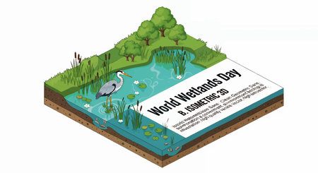 Isometric illustration of wetlands with text overlay for World Wetlands Day awareness campaignのイラスト素材