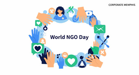 Colorful hands forming a circle around World NGO Day textのイラスト素材