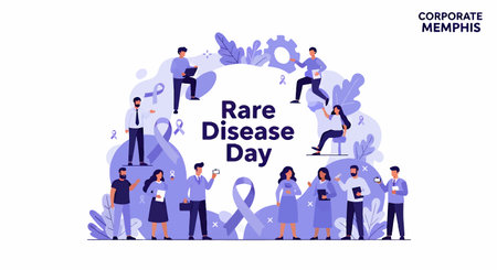 Illustration of people supporting Rare Disease Day with purple ribbonのイラスト素材