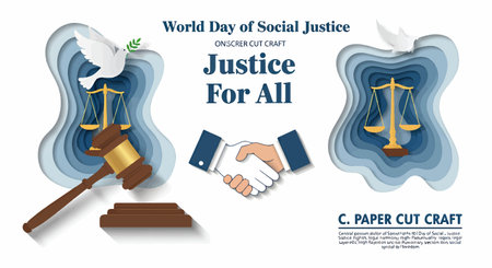 Illustration for World Day of Social Justice with scales, handshake, and gavel.のイラスト素材
