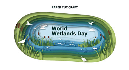 Illustration for World Wetlands Day with paper cut craft style featuring birds and wetland sceneのイラスト素材