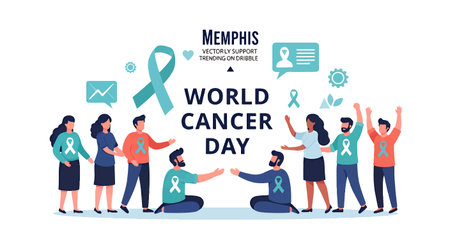 Illustration of diverse people showing support for World Cancer Dayのイラスト素材