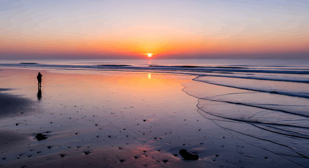 Peaceful beach scene with a person standing alone at sunset, reflecting on the calm waterのイラスト素材