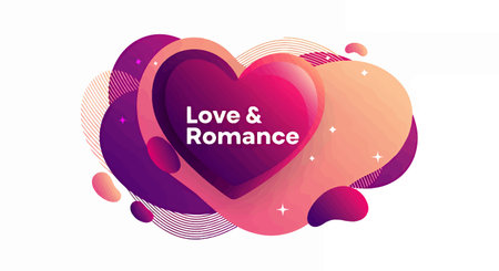 A vibrant heart shaped graphic with love and romance text overlay on colorful abstract backgroundのイラスト素材