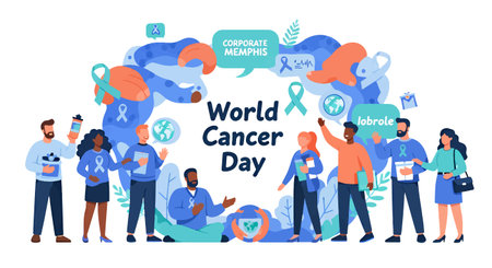 Illustration of diverse people united for World Cancer Day awareness campaignのイラスト素材