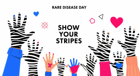Hands painted with zebra stripes for Rare Disease Day awareness campaignのイラスト素材