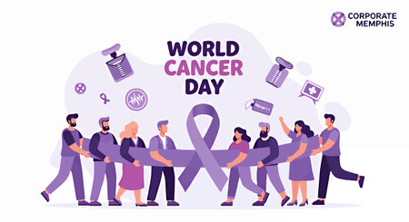 Illustration of diverse people holding purple ribbon for World Cancer Dayのイラスト素材
